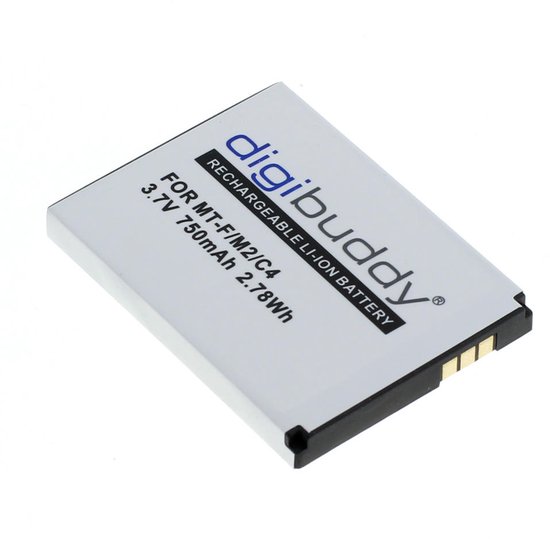 Witte digibuddy oplaadbare Li-Ion batterij met blauwe tekst.