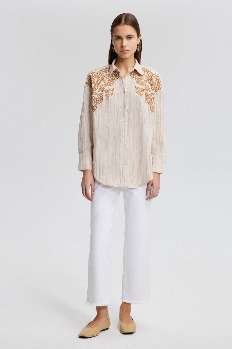 Touché Privé - Overhemd met natuurlijke textuur en borduursel - Beige - Dames