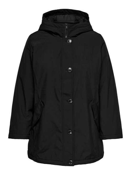 Zwarte parka jas met capuchon en knopen, studiofoto.
