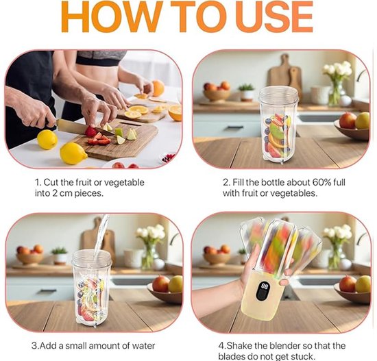Draagbare blender - smoothie blender to go voor shakes en vers fruit - 16 messen, USB oplaadbaar - beige - 8,5 x 8,5 x 28,5 cm - ABS voor thuis, werk en onderweg van Merkloos — afbeelding 5