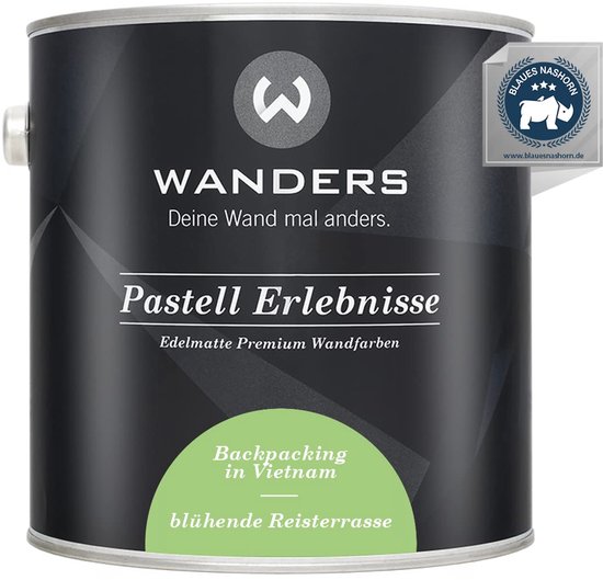 Blik Wanders Edelmatte Premium muurverf, 'Pastell Erlebnisse', kleur 'Backpacking in Vietnam - bloeiende Rijstterrassen'.