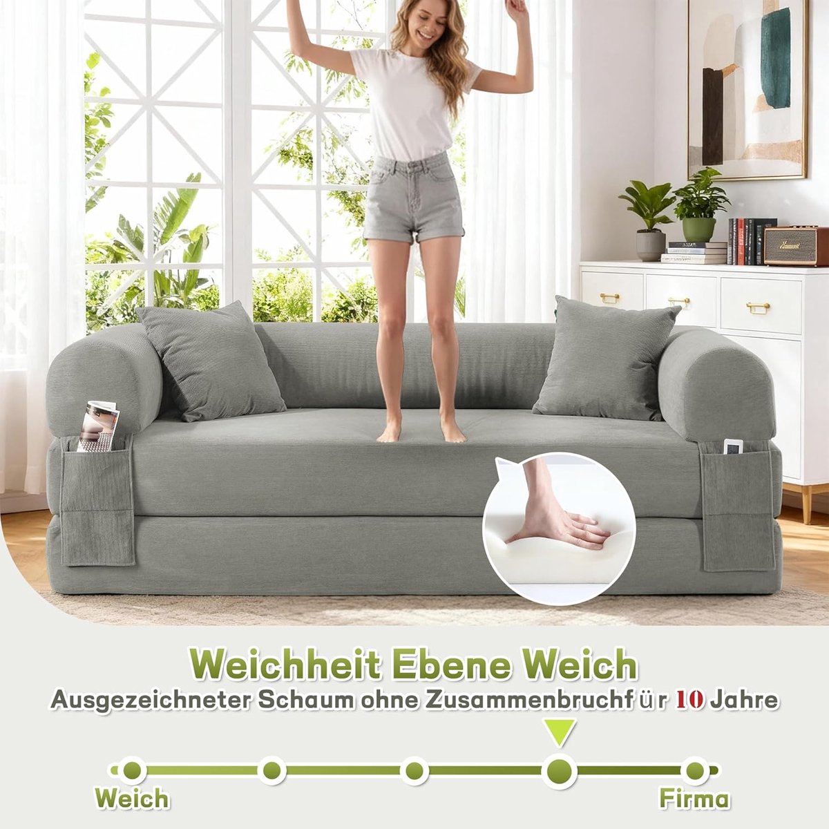 Slaapbank 3-zits 210 cm – 3-in-1 Slaapbank Bedbank Modulaire Bank – Fluweel Lichtgrijs – Inclusief Kussens & Opbergtas – Compact Bankbed voor Woonkamer & Logeerkamer – Laura