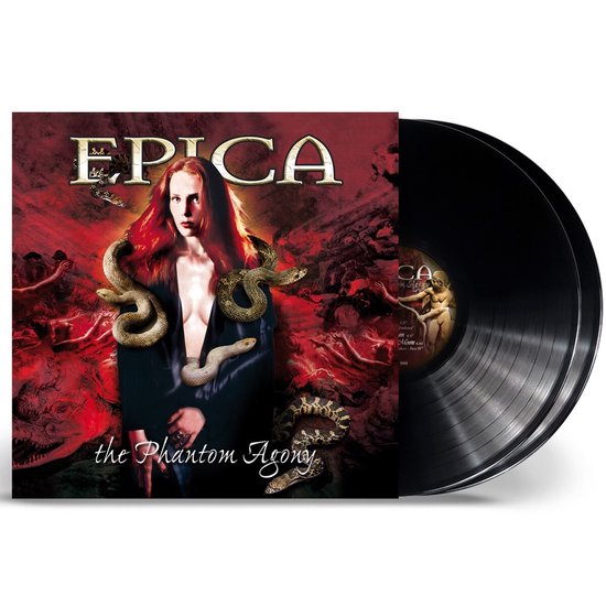 EPICA The Phantom Agony LP hoes met een vrouw met slangen om haar lichaam, met rode en zwarte kleuren en beelden van demonische figuren. Naast de hoes ligt de zwarte LP.