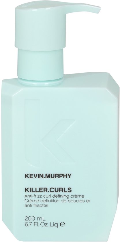 Lichtblauwe pompflacon van KEVIN.MURPHY Killer.Curls met de tekst 'Anti-frizz curl defining crème' en '200 mL 6.7 Fl. Oz. Liq e'.