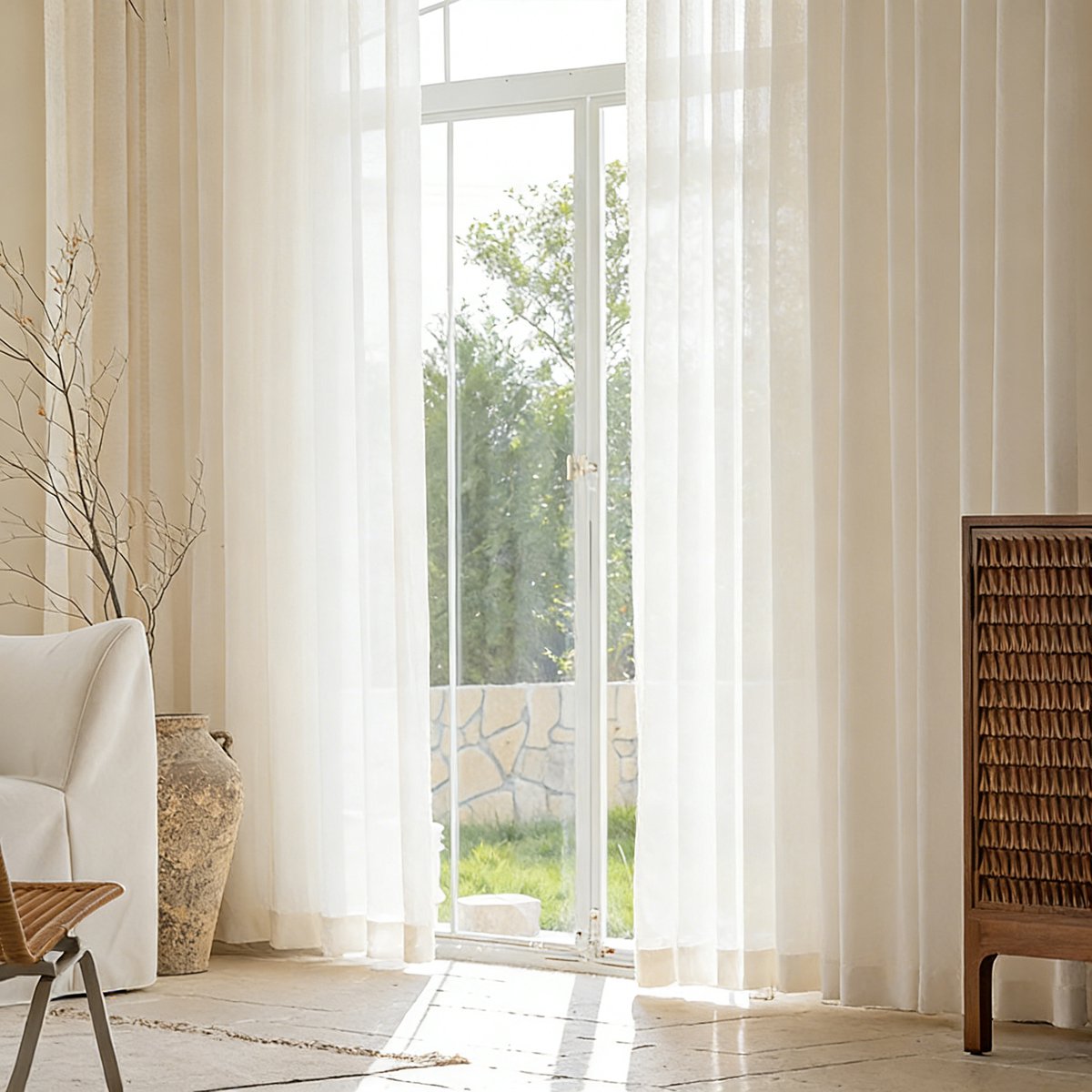 Floraweg: moderne, minimalistische, driedimensionale jacquard vitrages; halfverduisterende, dromerige witte vitrages; kant-en-klare vitrages