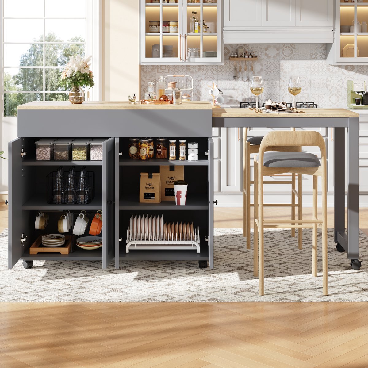 Wishdor Uitschuifbare bartafel - Met opbergruimte - Zes opbergvakken - Modern - Eetkamer - Houtlook - Grijs - 117-180 x 50 x 94,6 cm