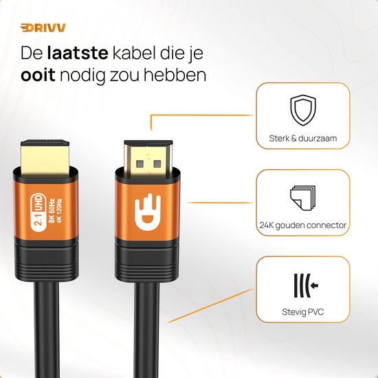 Drivv. Premium HDMI Kabel 2.1 - Ultra HD - 8K 60Hz - 4K 120Hz - Geschikt voor gameconsoles - HDMI-kabels - 2 meter - Oranje