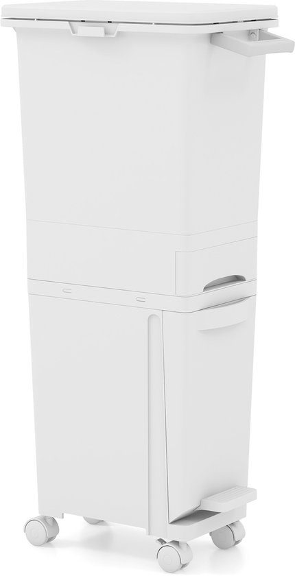 GIANTEX Afvalemmer voor afvalscheiding, 32 l, 3-in-1 keukenafvalemmer met 2 afneembare bakken, lade, zijgrepen, pedaal, stickers voor afvalscheiding, afvalemmer met wielen voor keuken (wit