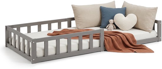 Lit enfant Homestyle4u - 90 x 200 cm - Lit au sol avec sommier à lattes et protection anti-chute - Grijs