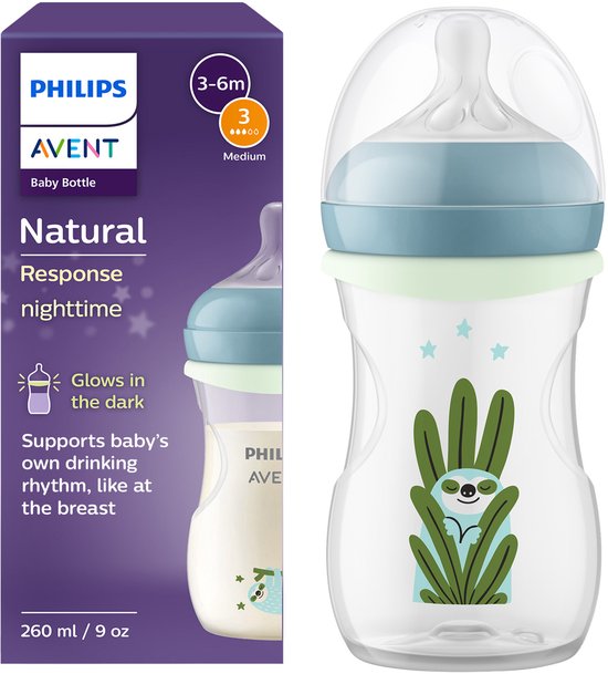 Philips Avent Natural Response Nighttime babyfles 260 ml – Flow 3 – Antikramp – Glow-in-the-dark fles - SCY903/81