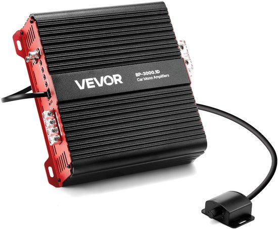 Zwarte VEVOR BP-3000.1D auto mono versterker met rode accenten, zijaanzicht met aansluitingen en afstandsbedieningskabel.