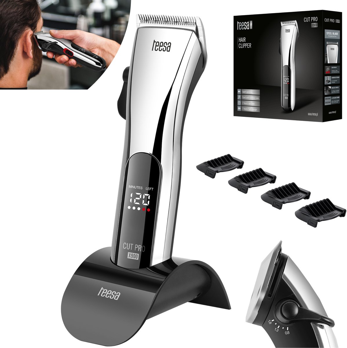 Teesa TSA0523 - Draadloze tondeuse CUT PRO X900, met LED-display en docking station