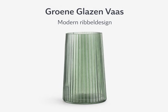 Groene Glazen Vaas Ø13 x 20 cm – Ribbel Vaas Modern Design – Decoratieve Bloemenvaas – Smalle Vaas voor Boeket & Droogbloemen – Design Vaas Glas Groen – Woondecoratie