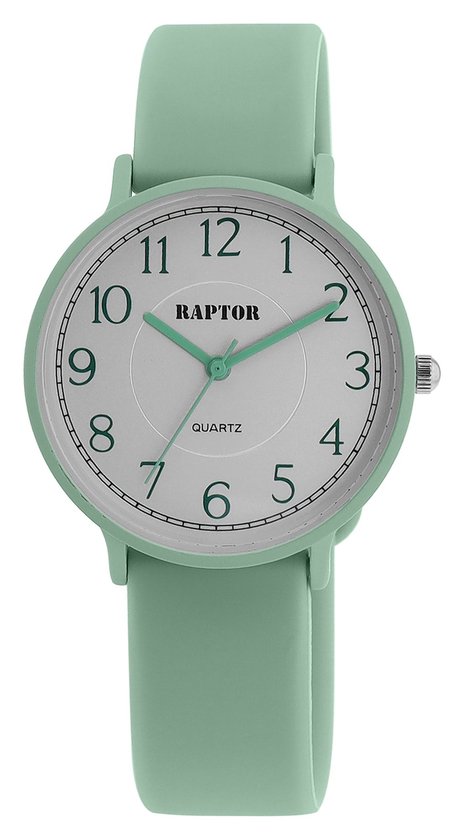 Raptor horloge met mintgroene siliconen band, witte wijzerplaat, groene cijfers en 'QUARTOR' tekst.