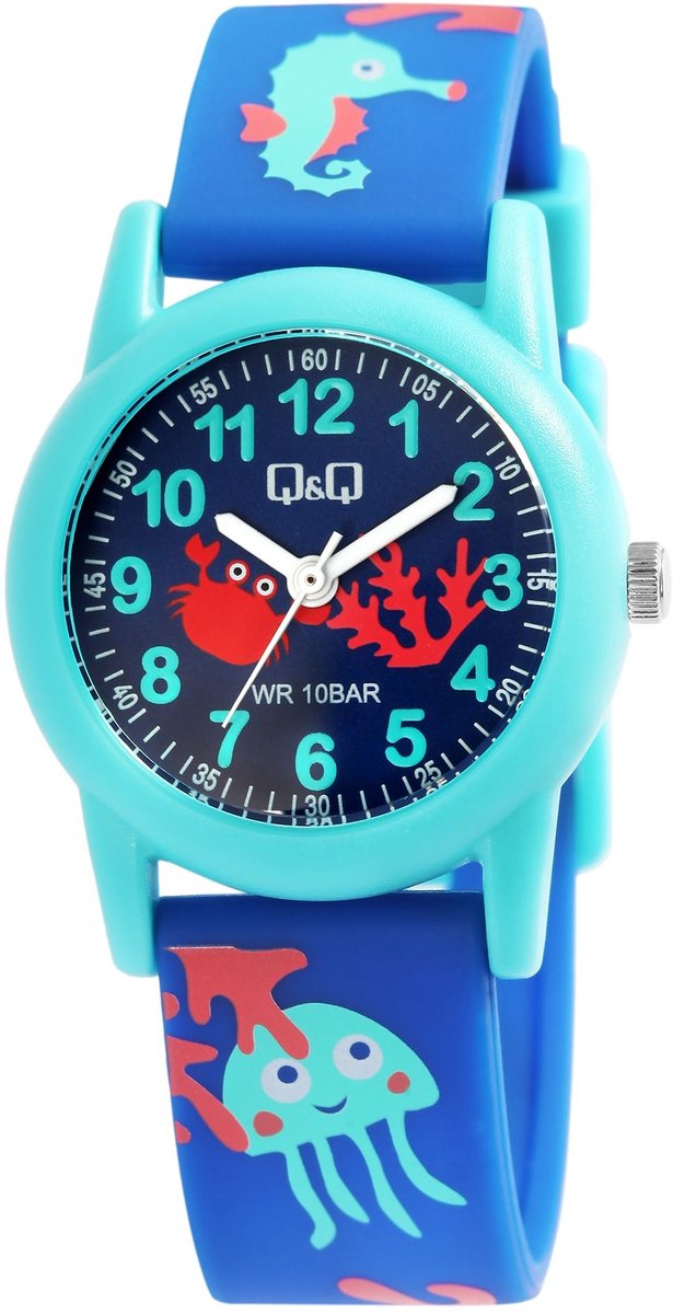 QQ- kinderhorloge-model vr99j0174-print vissen en zeedieren-zwemmen 10 atm-waterdicht-blauw