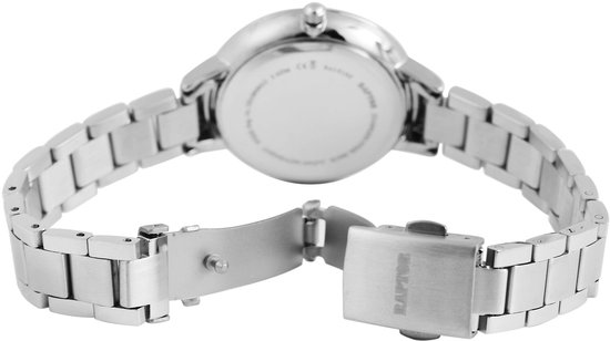 Zilverkleurig horloge met schakelsluiting. De gesp is gemarkeerd met 'RAPTOR'.