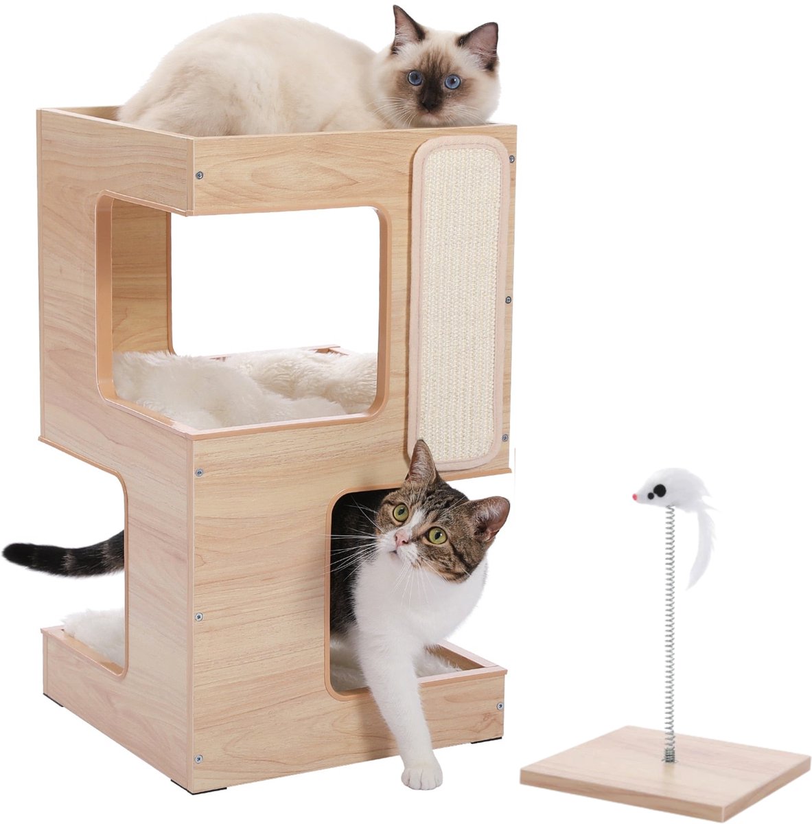 EcoPawPaw 3-Laags Kattenhuis Nachtkastje – Houten Kattenmeubel met Krabpaneel & Zachte Wasbare Kussens – Multifunctioneel voor Slapen & Spelen