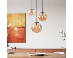 LumenXL Hanglamp Marui - drie amber glazen bollen - gouden accenten
