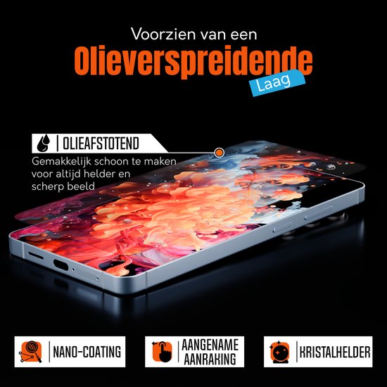 Telefoon met screenprotector met abstracte print, de tekst "Voorzien van een Olieverspreidende Laag" en "Nano-coating, Aangename Aanraking, Kristalhelder".