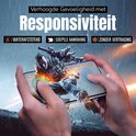 Spelers met een telefoon, de tekst "Verhoogde Gevoeligheid met Responsiviteit" en "Waterafstotend, Soepele Aanraking, Zonder Vertraging".