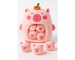 MagniToys® Capibara Knuffelkussen 40 cm Kawaii Pluche met Mini Capibara’s in Transparant Buikvenster