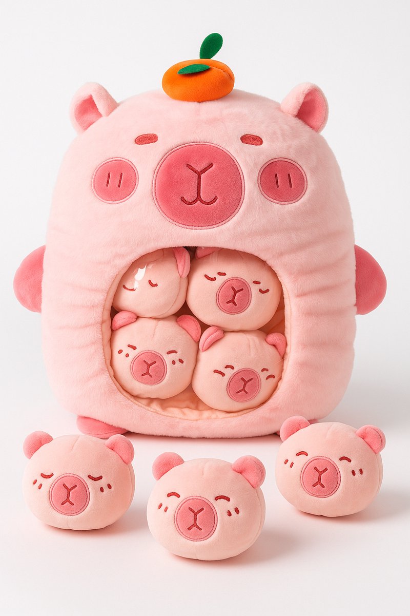 Magnitoys™ – Capibara Knuffelkussen 40 cm – Kawaii Pluche – Transparant Buikvenster met Mini Capibara’s – Super Zacht, Squishy Cadeau