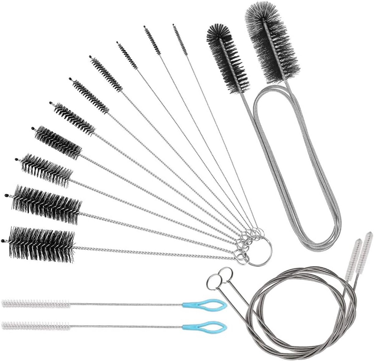 15-delige set voor het reinigen van lange buizen, extra lange flexibele buisreinigingsborstel, koelkastreinigingsgereedschap, roestvrijstalen rietje, nylon reinigingsborstel, verschillende maten, wit.