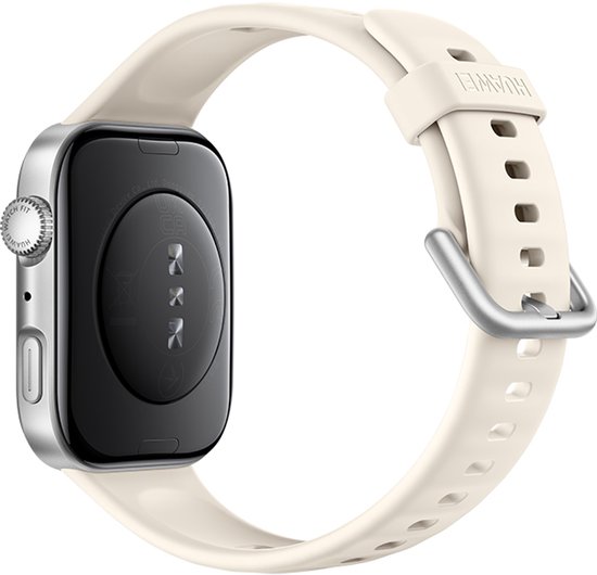 Achterkant van een zilverkleurig smartwatch met een crèmekleurige band, waarop 'HUAWEI' staat.