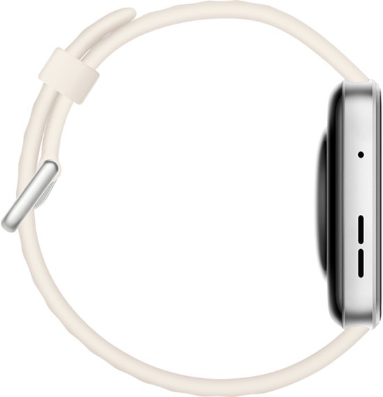 Zijprofiel van een zilverkleurig smartwatch met een crèmekleurige band.