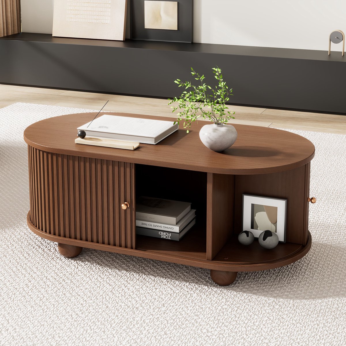 Sweiko Salontafel - Ovval - Opslagruimte - Schuifdeur - Houten - Walnoot