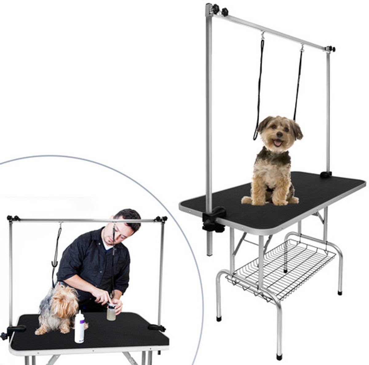 Froadp 113x60x175 cm Hondenverzorgingstafel in hoogte verstelbaar Trimmtabel voor honden/katten opvouwbaar Hondenverzorgingstafel Scheertafel Verzorgingstafel Dierenverzorgingstafel met 2 slingeren en opbergruimte Metaal tot 100 kg