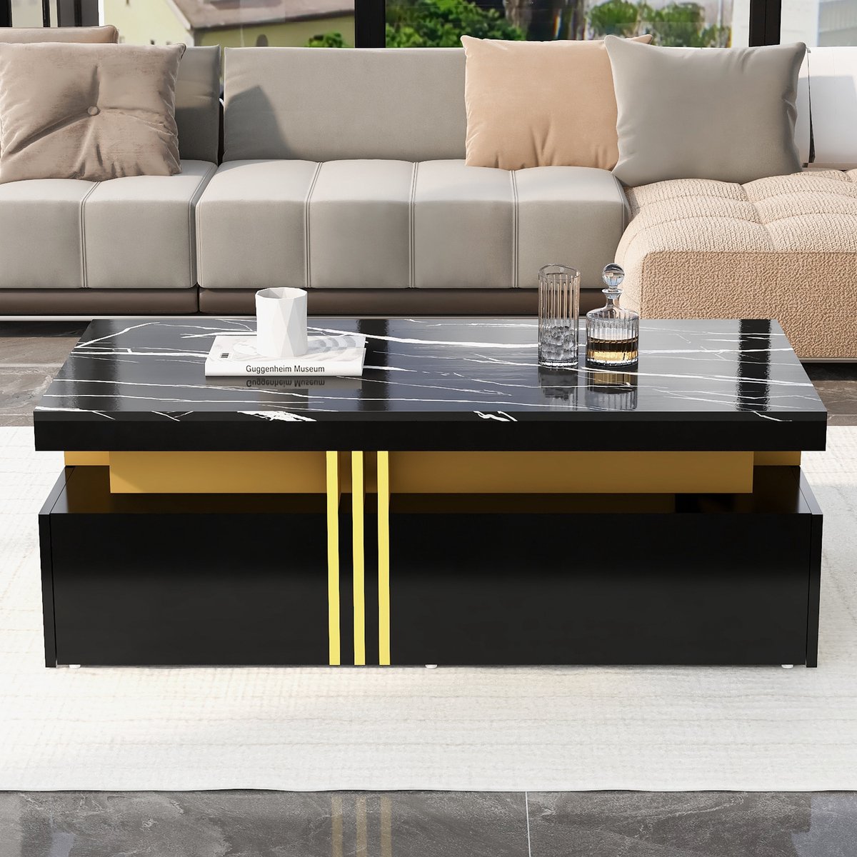 Wishdor - Moderne Tv-Meubelset Met Salontafel - Marmerlook Blad - Spaanplaat - Zwart