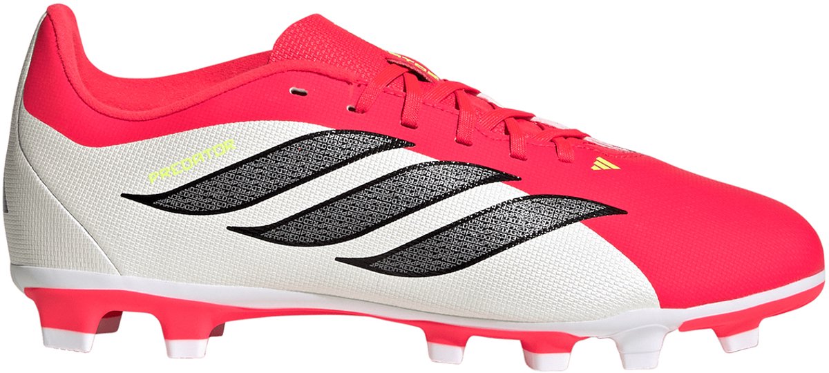 adidas Predator Club FG/MG J voetbalschoenen voor kinderen, met een felroze en grijs synthetisch bovenwerk en zwarte strepen.