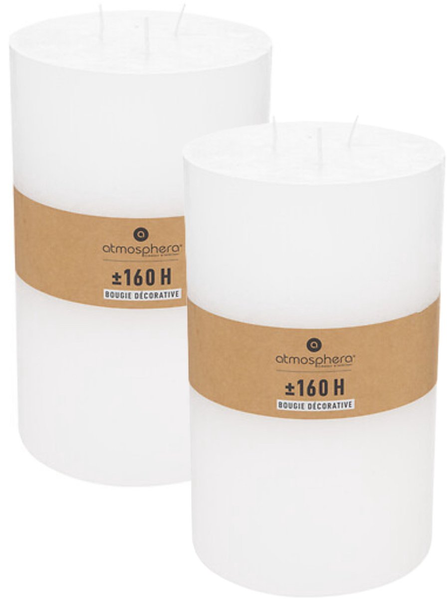 Atmosphera Cilinderkaars / stompkaars groot - 2x - wit - 3 lonten - 14 x 23 cm - 160 branduren