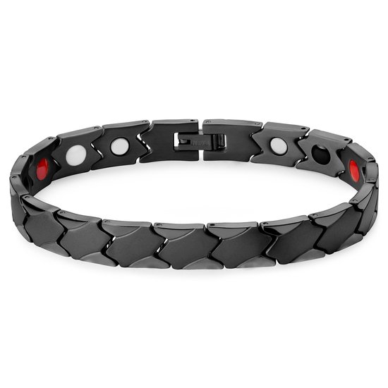 Zwarte armband met rode en witte cirkels, gesloten.