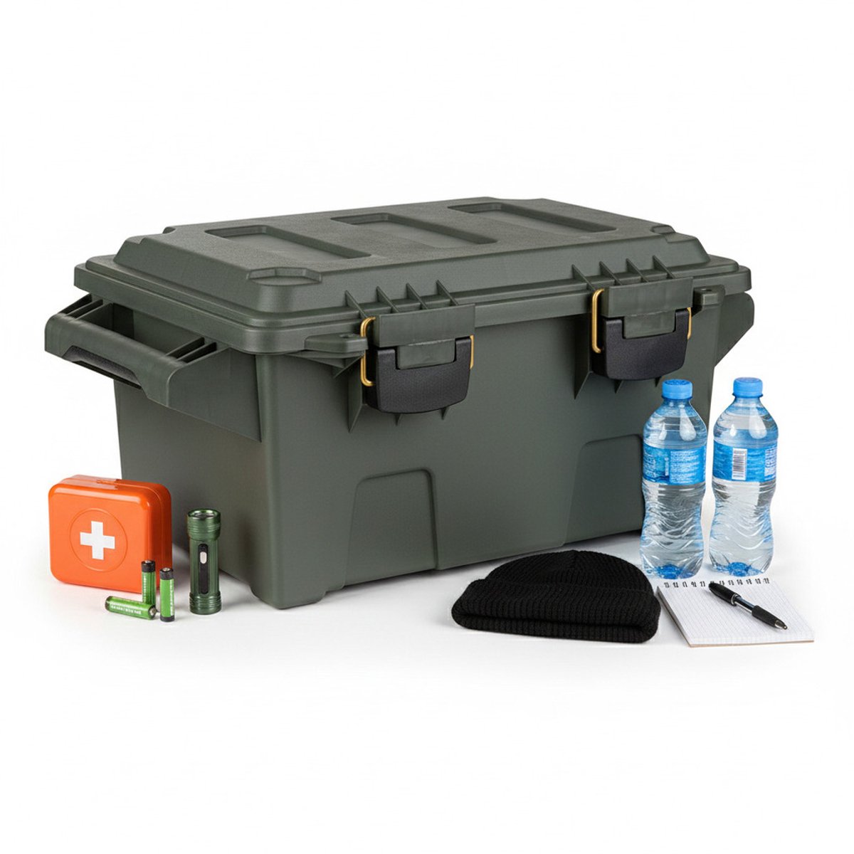 Plasticforte Nood Pakket opberg box kist - waterdicht - kunststof - 47 x 30 x 21 cm - 30 liter - army groen