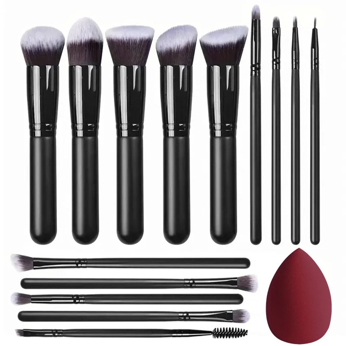 Roségouden 14-delige make-upkwastenset - Inclusief 1 beautyblender - Premium kabuki-kwasten van synthetische vezels - Geschikt voor foundation, poeder, blush en oogschaduw - Diervriendelijk - Zwart