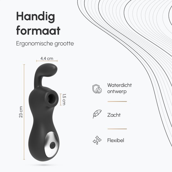 Zwarte, ergonomische clitorisstimulator van 23cm lang, 4.4cm breed en 1.5cm opening. Waterdicht, zacht en flexibel.