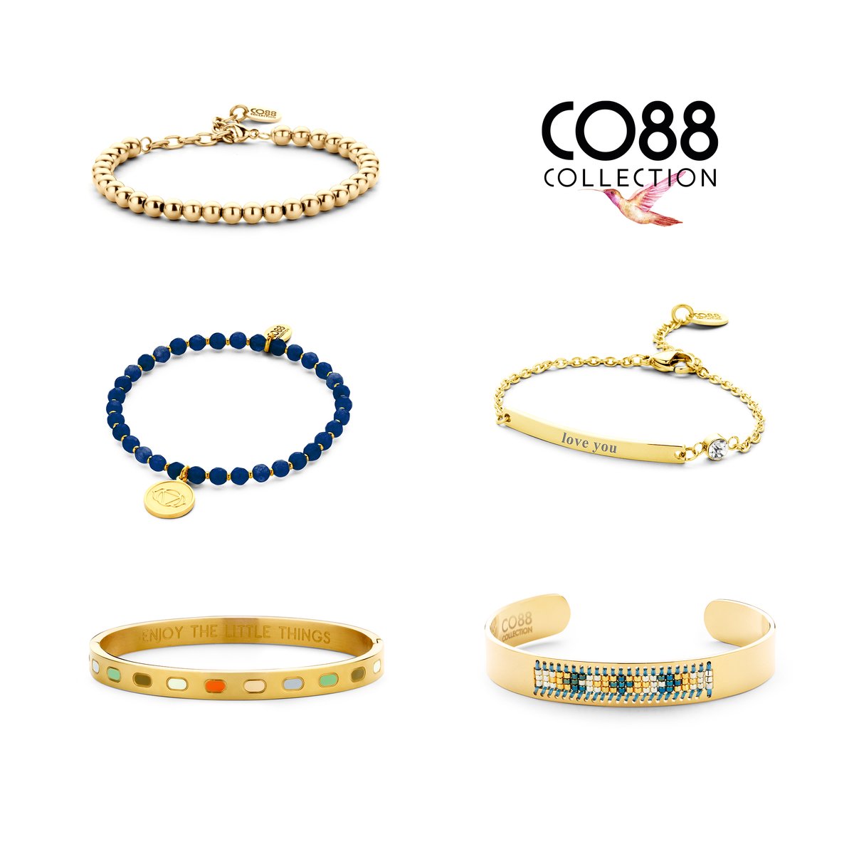 CO88 COllection 8CO-SET057 Armband dames set 5 stuks - Blauw - Staal - Goudkleurig