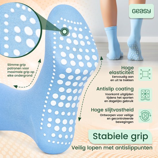 Gedetailleerde weergave van de lichtblauwe antislip sok met witte noppen en uitleg over elasticiteit en grip.