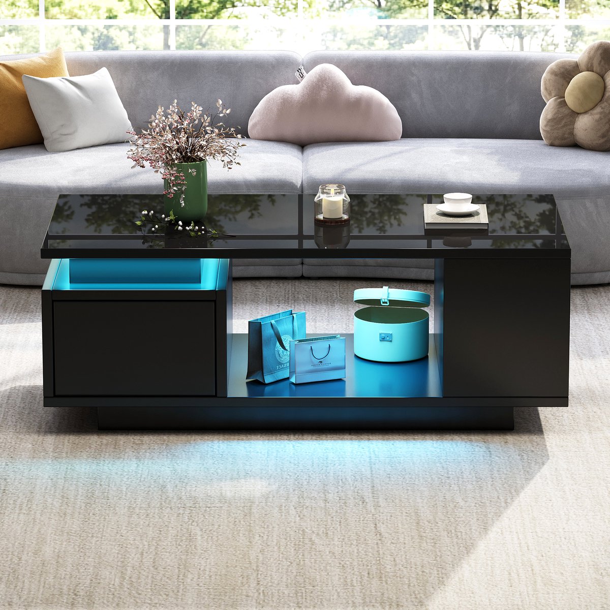 REDOM Salontafel 100x50x36 cm van spaanplaat, hoogglans met lade en LED