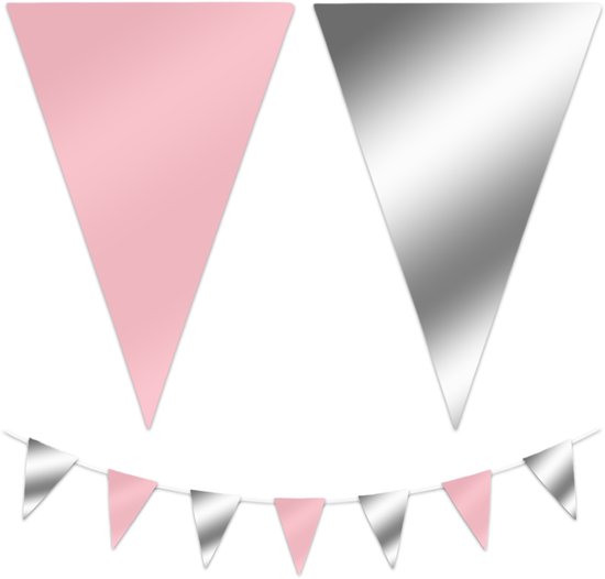 Roze en zilveren feestvlaggetjes aan een slinger.