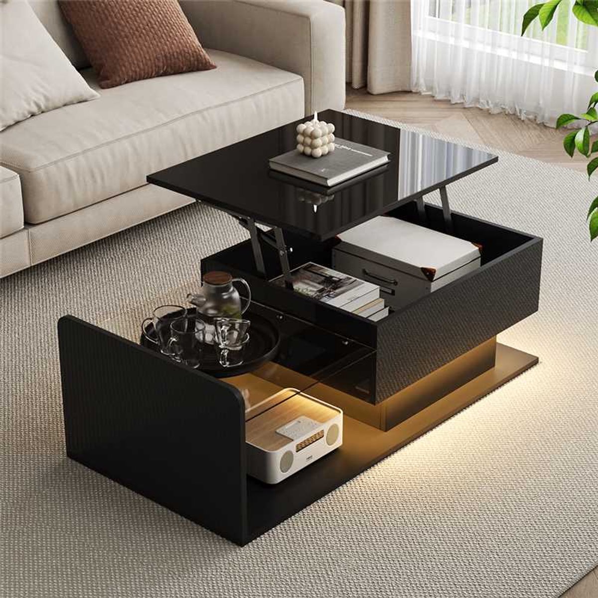 OKWISH Salontafel - In Hoogglans - In Hoogte Verstelbaar - Met Ledlicht - Met Gehard Glazen Blad - Spaanplaat Zwart - 100x50x33-47,5