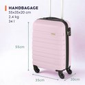 Lichtroze handbagage koffer van Princess Traveller, 55x35x20cm, met 4 wielen en handvat.