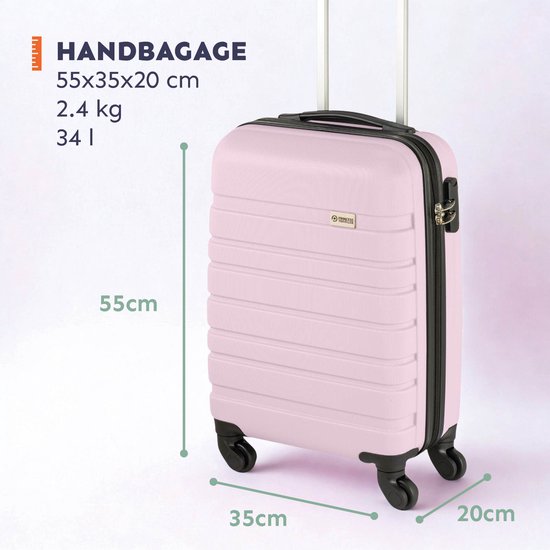 Lichtroze handbagage koffer van Princess Traveller, 55x35x20cm, met 4 wielen en handvat.