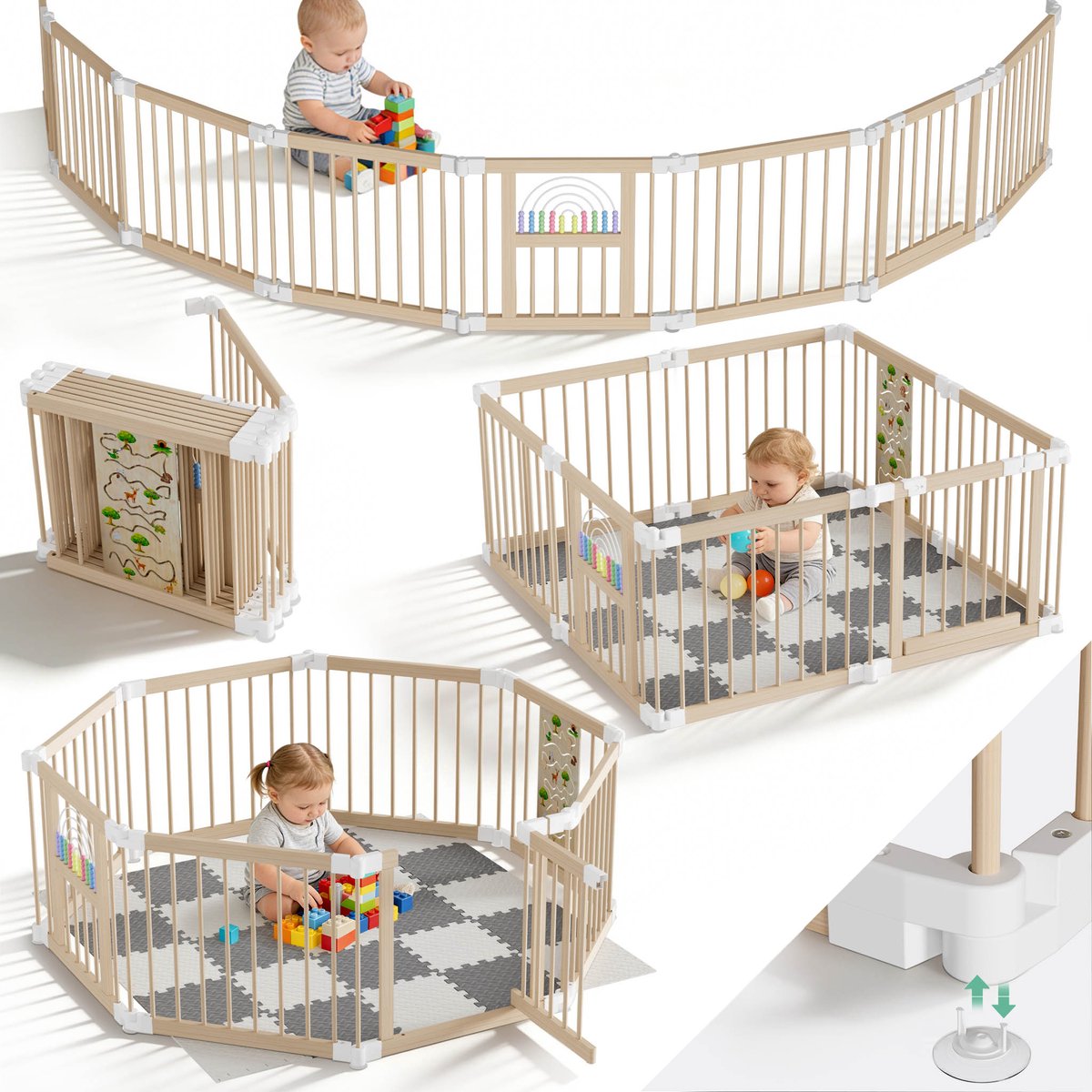 Froadp Houten babybox met speelcentrum, speelbox voor baby's en peuters, opvouwbare houten speelbox, speelhek met poortje voor baby's en peuters, veilig veiligheidshekje