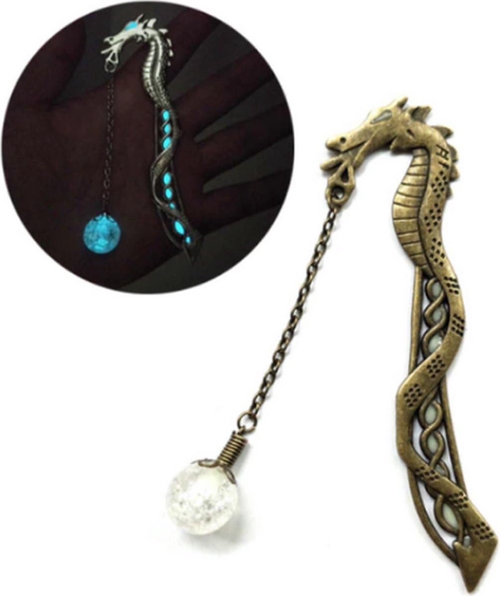 Okado Boekenlegger Draak Metaal Goud – Glow in the Dark Bladwijzer met Ketting en Hanger – Cadeau voor Lezers, Studenten en Scholieren