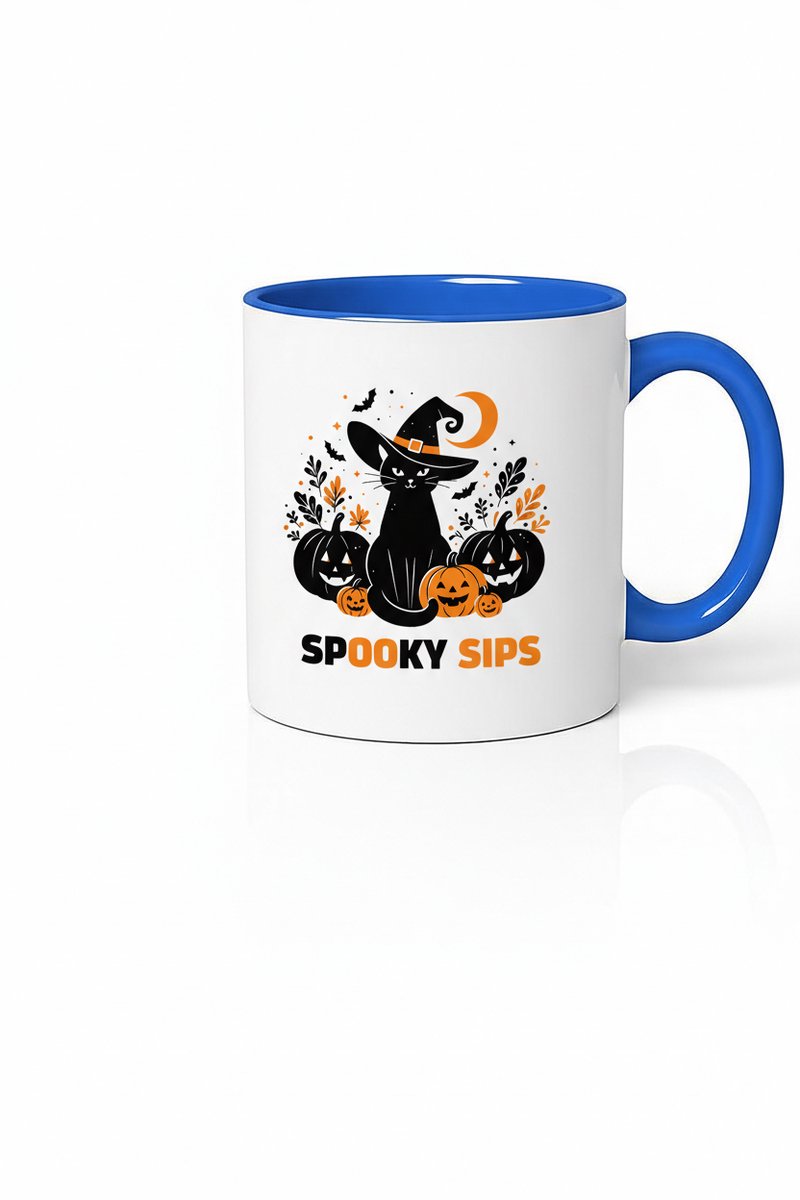 Halloween Mok "Spooky Sips" - Koffiemok met Heks Kat en Pompoenen