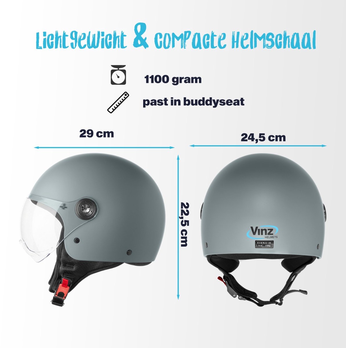 VINZ Duoro Scooterhelm - ECE 22.06 Gekeurde Jethelm voor Motor, Brommer & Snorfiets - Licht Gewicht - Grijs - L – foto 5