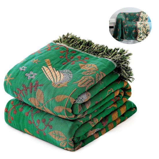 KZQ 100% Katoen Deken Boho Ultra Zacht, Omkeerbare Deken met Dubbelzijdige Vogel en Bloem Borduurwerk, 230 x 200 cm Ademend All Seasons Dekbed voor Bank Bed, Sprei met Franjes, Lichtgewicht Decoratie Hondenkussen Stijl 2